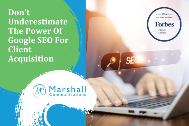Don’t Underestimate The Power Of Google SEO For Client Acquisition: Person typing on laptop with SEO search hovering over screen