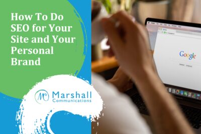 Laptop open to Google, person drinking from mug - personal branding SEO