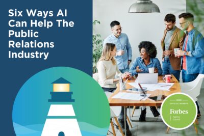 AI in public relations - people talking around table with work supplies and laptop