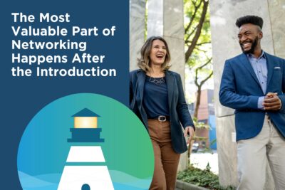 Professionals continuing a conversation after a networking event as an example of relationship-focused follow-up
