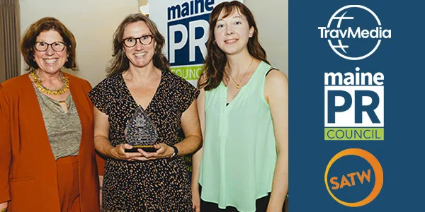 Nancy's team holding an award, and logos for TravMedia, Maine PR Council, and SATW