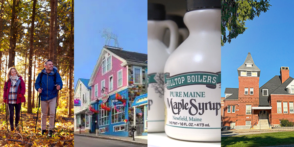Hiking in New England, Bar Harbor shops, Maine maple syrup bottles and Thornton Academy in Saco