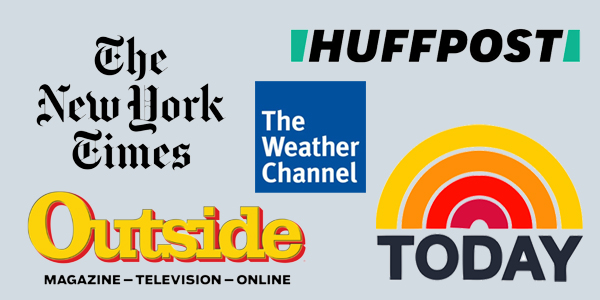 Logos for the New York Times, Huffington Post, The Weather Channel, Outside Magazine, and The Today Show