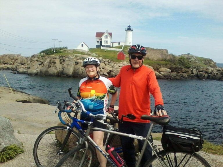 Greg and Nancy Durgin at Nubble Light with their bike