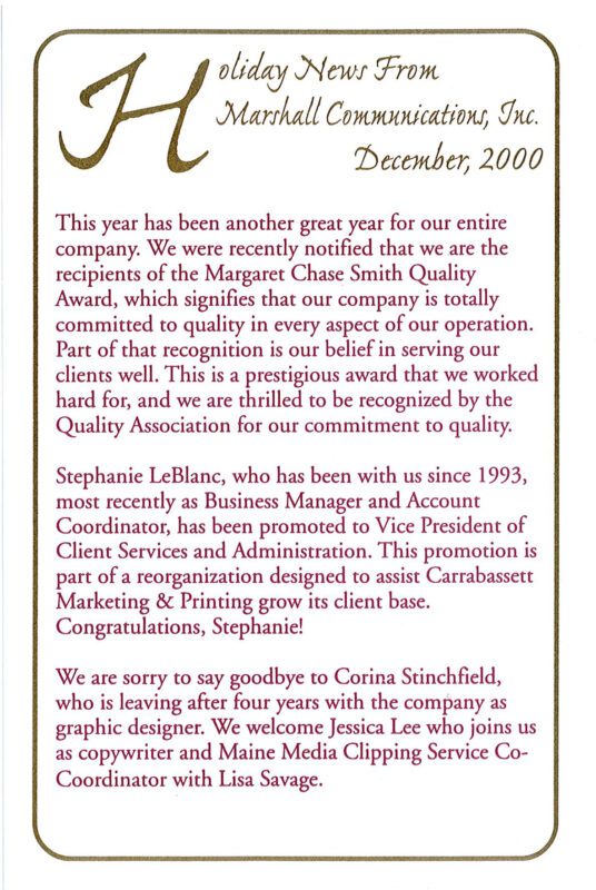 Margaret Chase Smith Quality Award in Holiday Note 2000